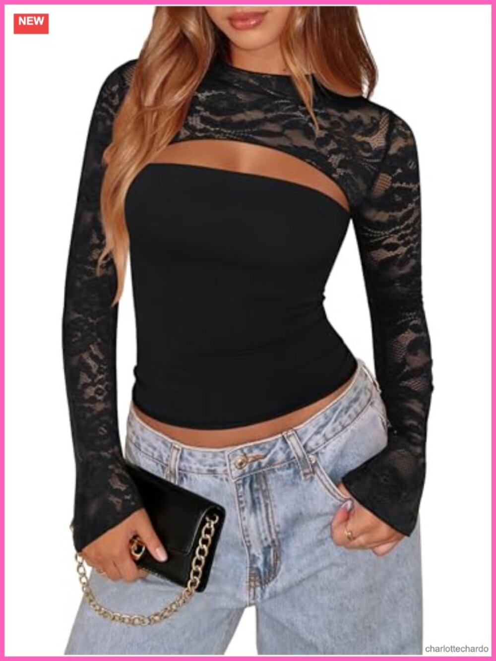 Lace Long Sleeve Cutout Double Lined Y2K Going Out Top